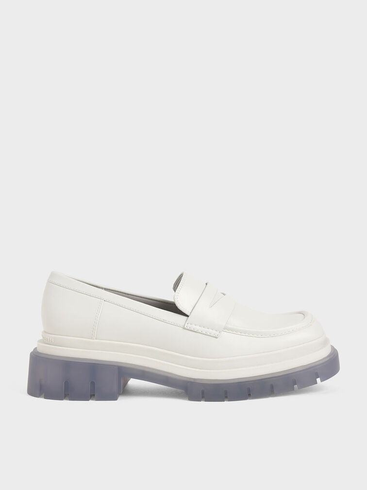 Chunky Sole Penny Loafers, White, hi-res