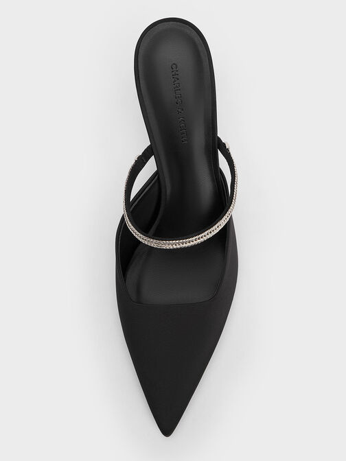 Satin Braided-Strap Pointed-Toe Mules, Black Textured, hi-res