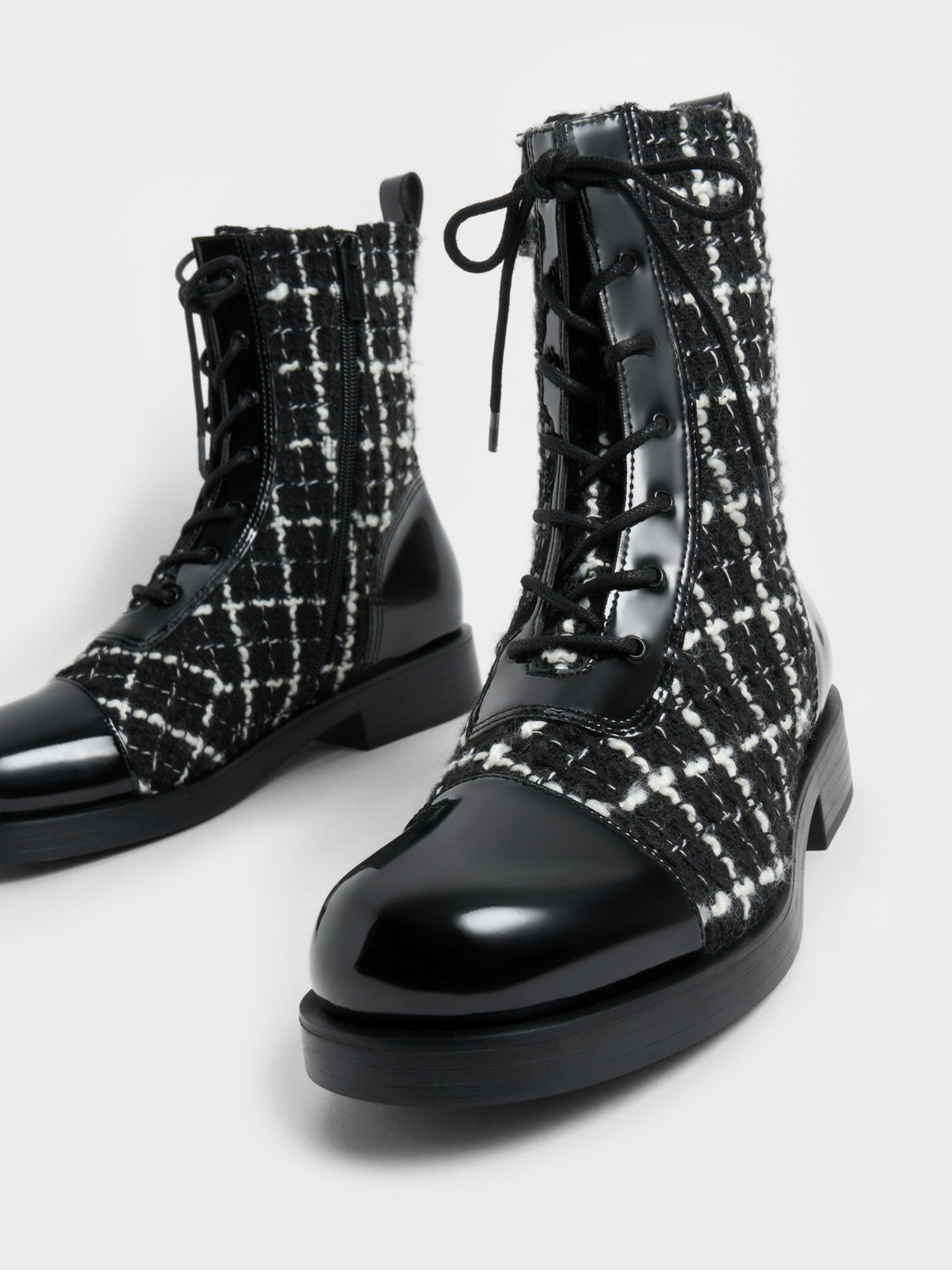 Tweed & Patent Combat Boots, Black Textured, hi-res