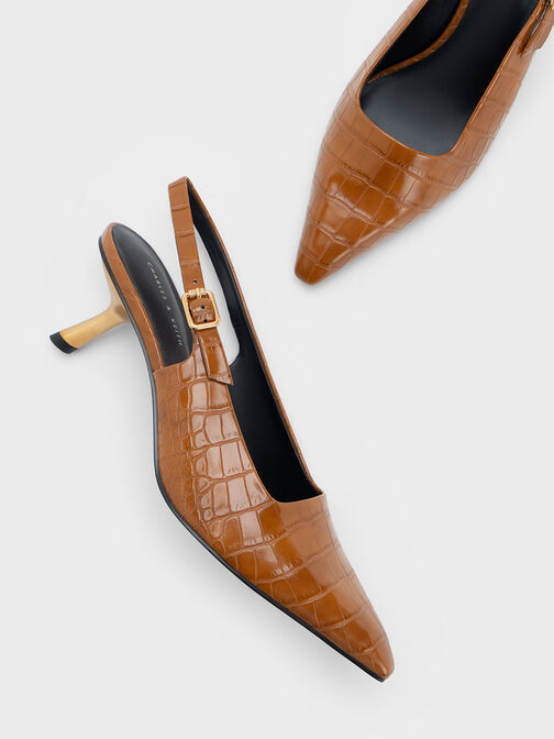 Zapatos destalonados con tacón inclinado y acabado efecto cocodrilo, Animal print marrón, hi-res
