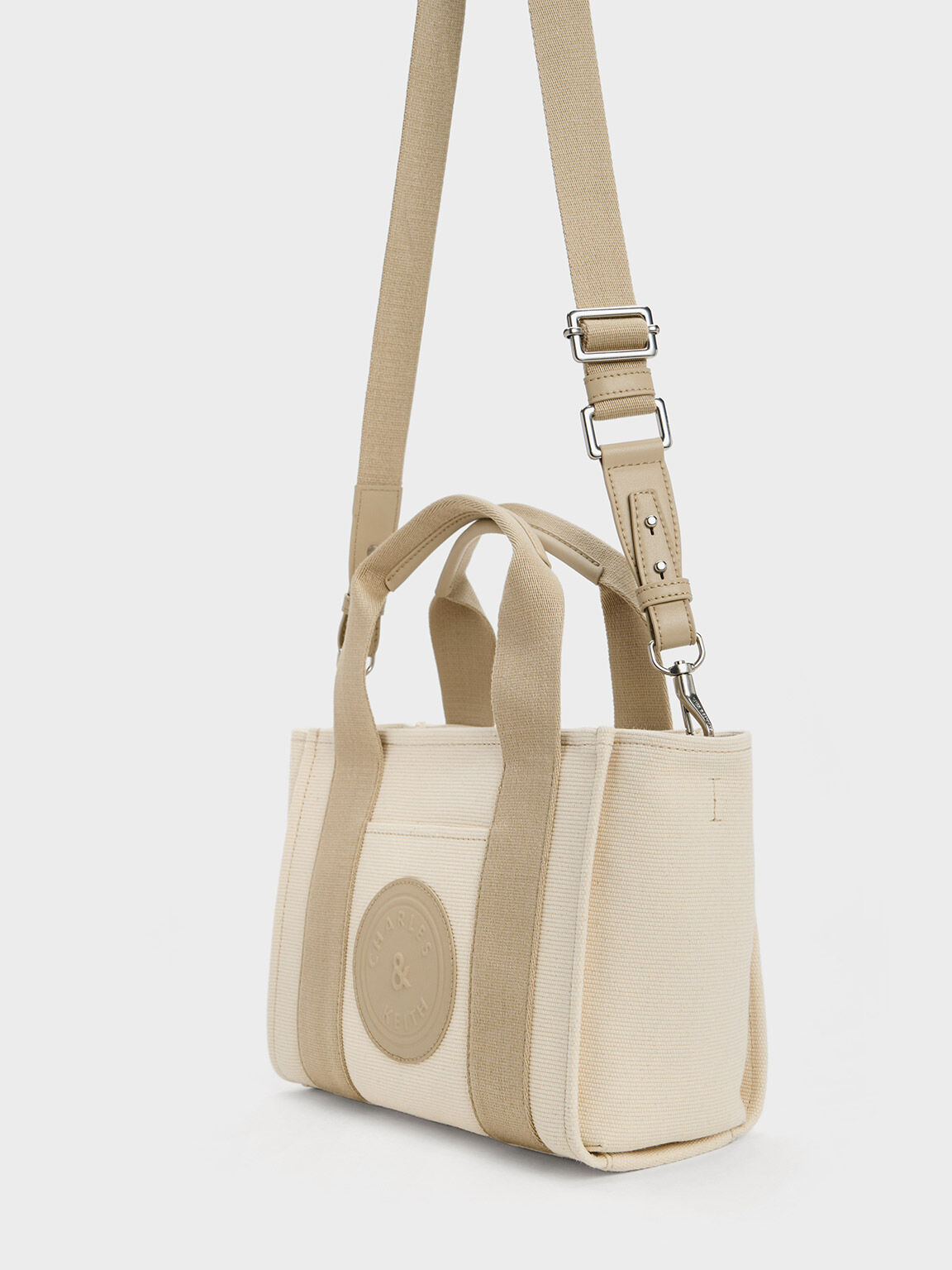 Taupe Canvas Contrast-Trim Tote Bag - CHARLES & KEITH NL