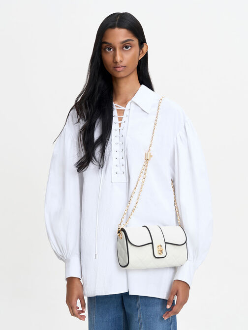 Contrast-Trim Belted Crossbody Bag, White, hi-res