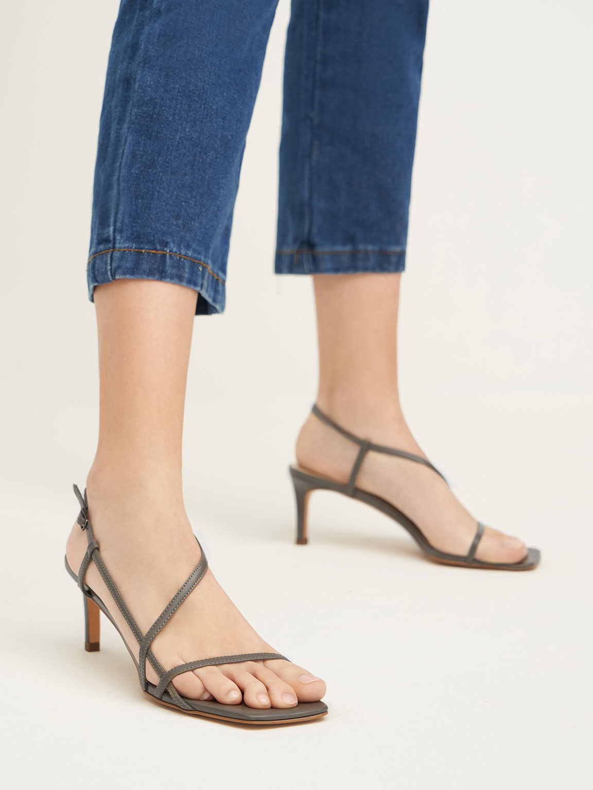 Asymmetric Strap Heeled Sandals, Olive, hi-res