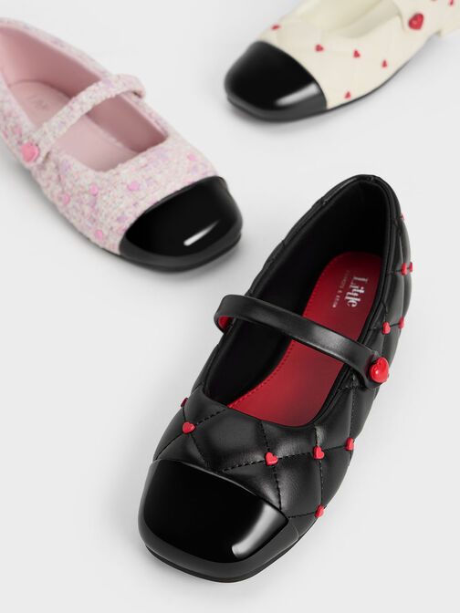 Girls' Quilted Heart-Motif Mary Janes, Black, hi-res