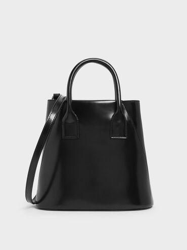 Leather Boxy Bucket Bag, Black, hi-res