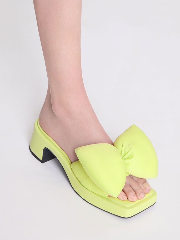 Puffy Bow Heeled Mules, Lime, hi-res