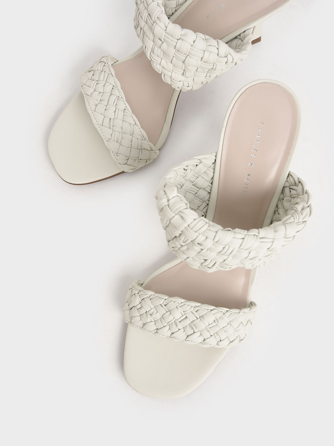 Double Strap Woven Heeled Mules, White, hi-res