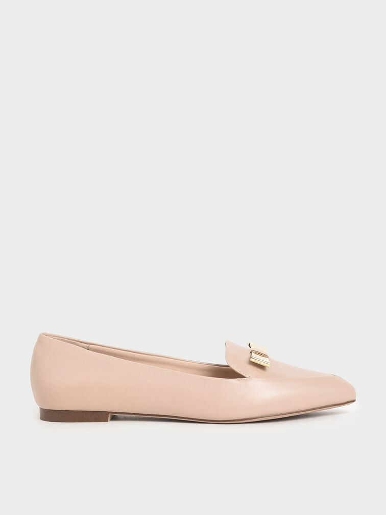Metal Bow Pointed Loafers, Nude, hi-res