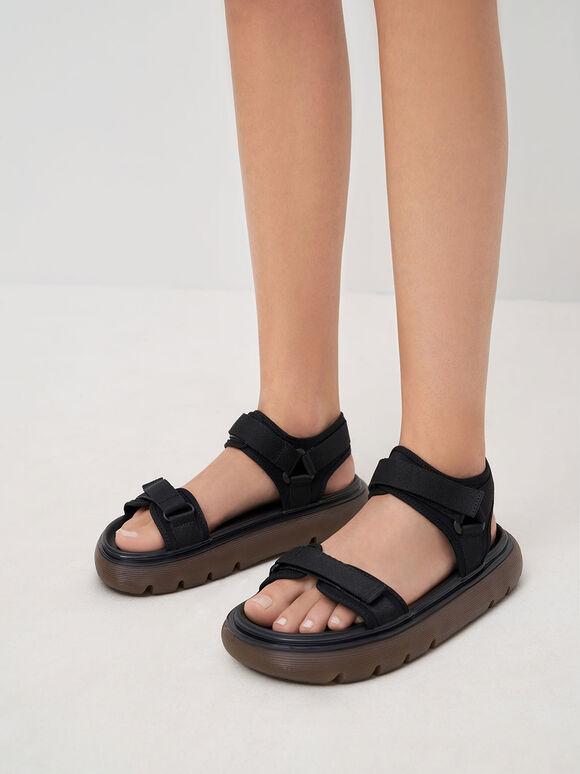 Recycled Polyester Velcro-Strap Sports Sandals, Black, hi-res