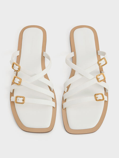 Strappy Buckled Slide Sandals, White, hi-res