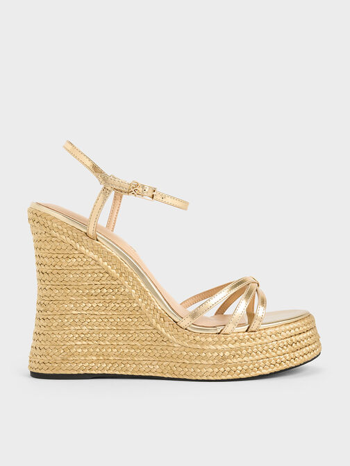 Leather Metallic Strappy Espadrille Wedges, Gold, hi-res