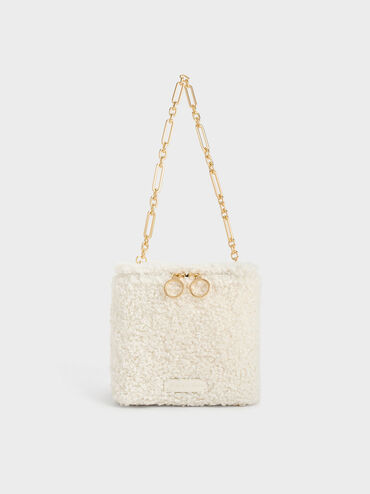 Cyrus Furry Boxy Chain-Handle Bag, Cream, hi-res