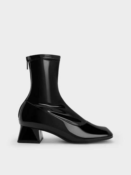 Patent Trapeze Block Heel Ankle Boots, Black Patent, hi-res
