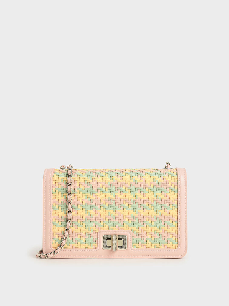 Woven Turn-Lock Clutch, Pink, hi-res