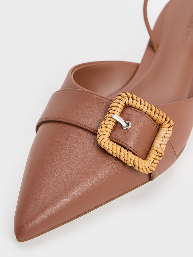 Zapatos de tacón destalonados con heblla tejida, Marrón, hi-res