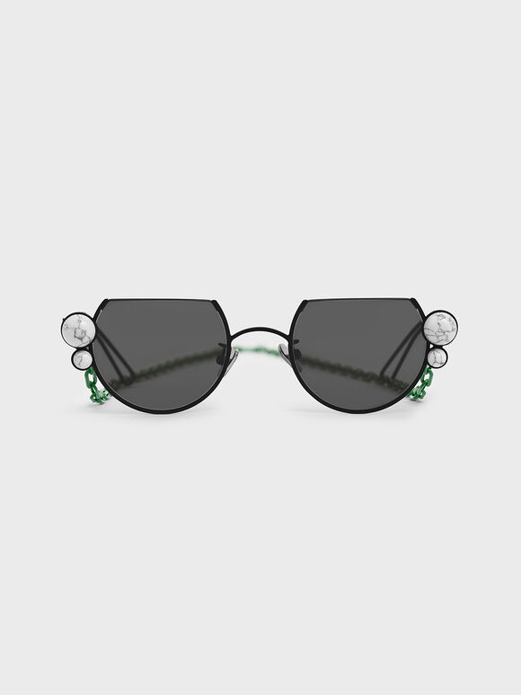 White Marble Stone Chain Link Round Cut-Off Sunglasses, Black, hi-res