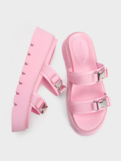 Laine Metallic-Buckle Flatform Sandals, Light Pink, hi-res