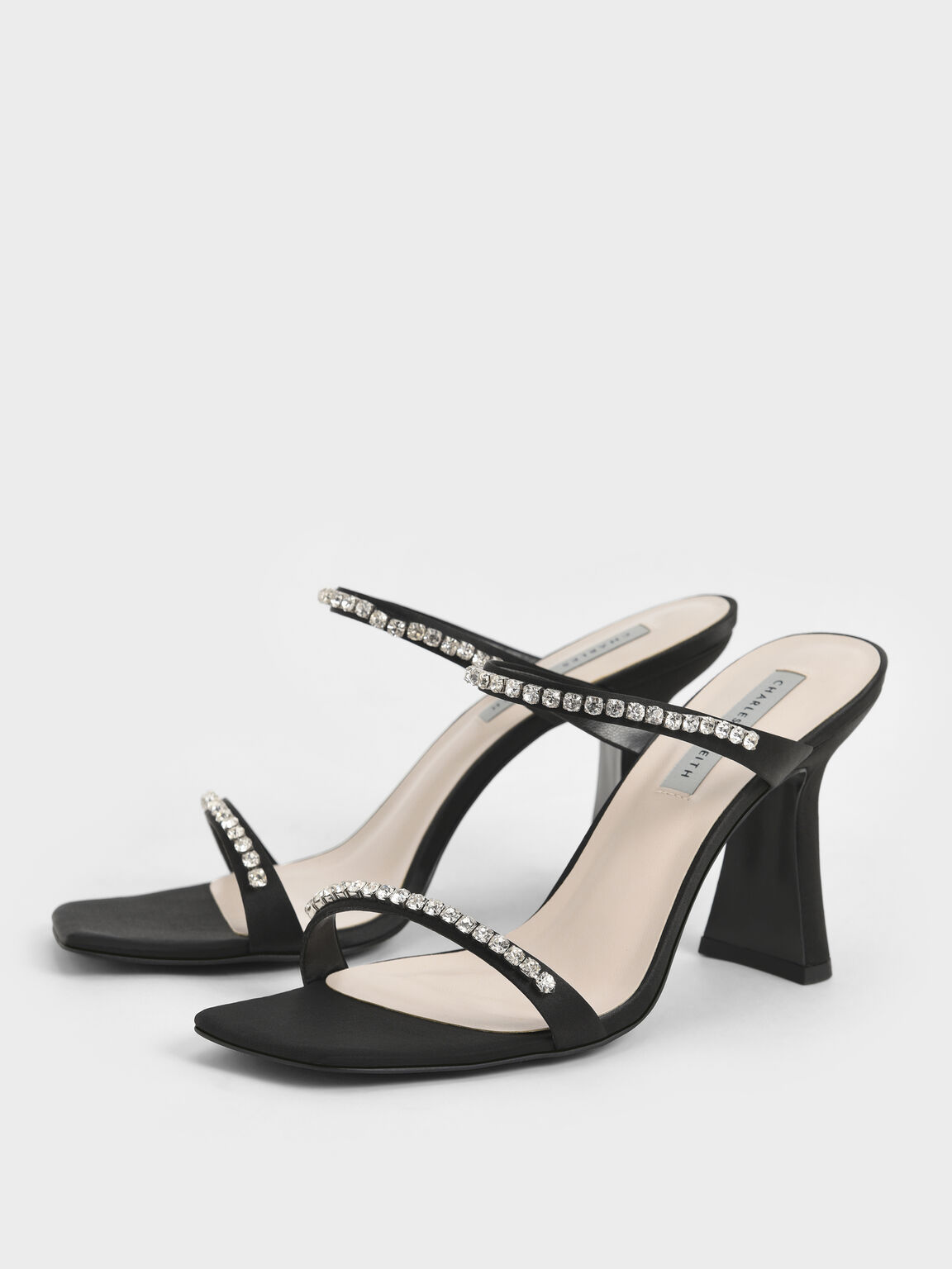 Satin Gem-Encrusted Heeled Sandals, Black, hi-res