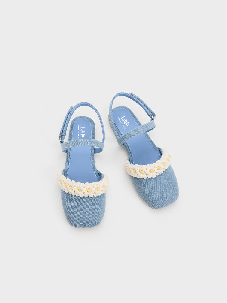 Zapatos Planos Florales de Mezclilla y Croché con Correa Trasera, Azul claro, hi-res