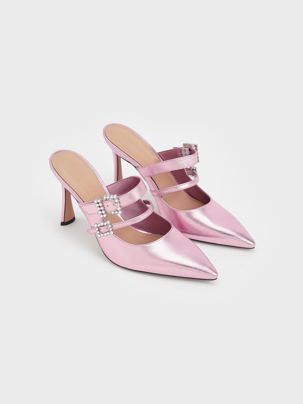 Leather Gem-Embellished Stiletto Mules, Pink, hi-res