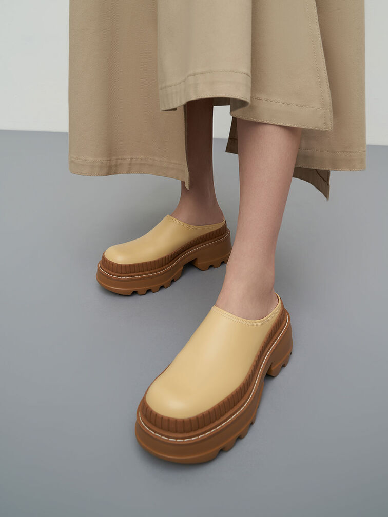 Two-Tone Chunky Round Toe Mules, Yellow, hi-res