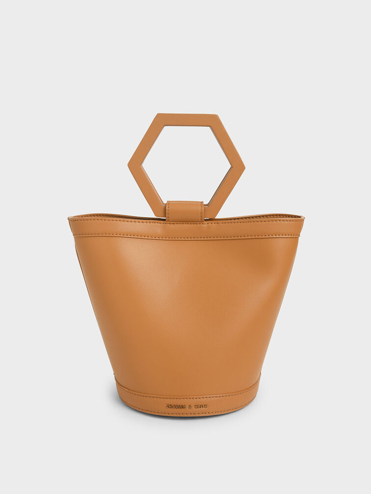 Geometric Handle Bucket Bag, Cognac, hi-res