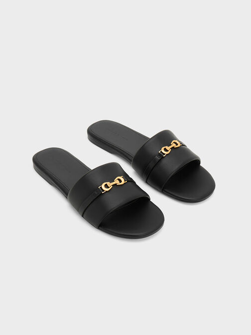 Metallic Accent Round-Toe Slide Sandals, Black, hi-res