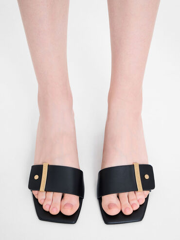 Sandales compensées à bout carré et détail métallique, Noir, hi-res