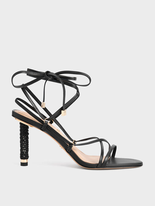 Strappy Woven-Heel Tie-Around Sandals, Black, hi-res