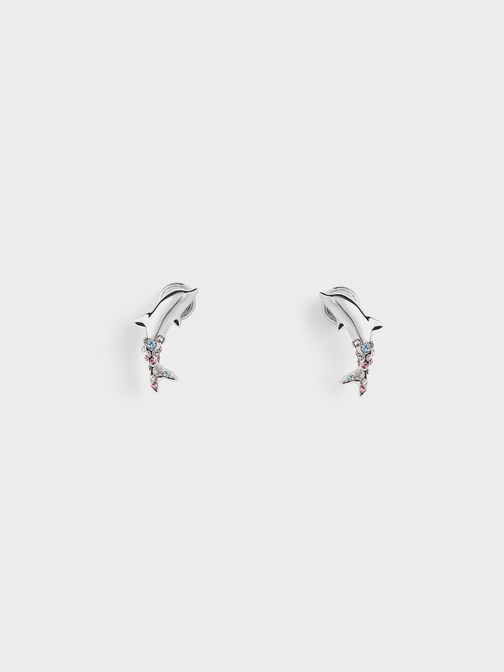 Oceana Dolphin Crystal Stud Earrings, Silver, hi-res