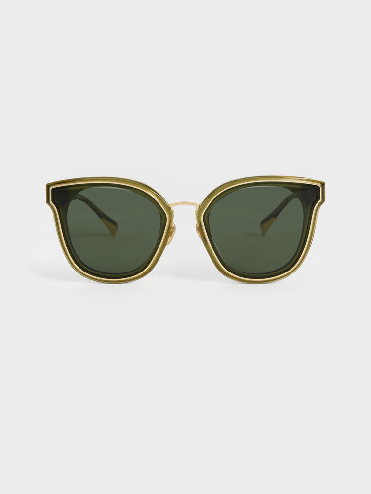 Gold-Trim Rectangular Sunglasses, Green, hi-res