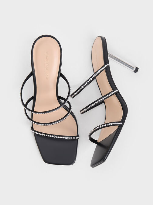 Recycled Polyester Crystal-Embellished Strappy Mules, Black Textured, hi-res
