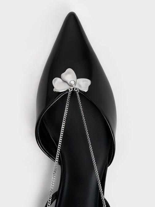 Zapatos planos destalonados con cadena y detalle floral, Negro pulido, hi-res