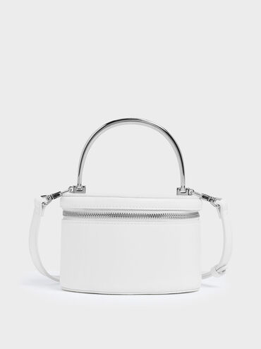 Metal Top Handle Round Structured Bag, White, hi-res