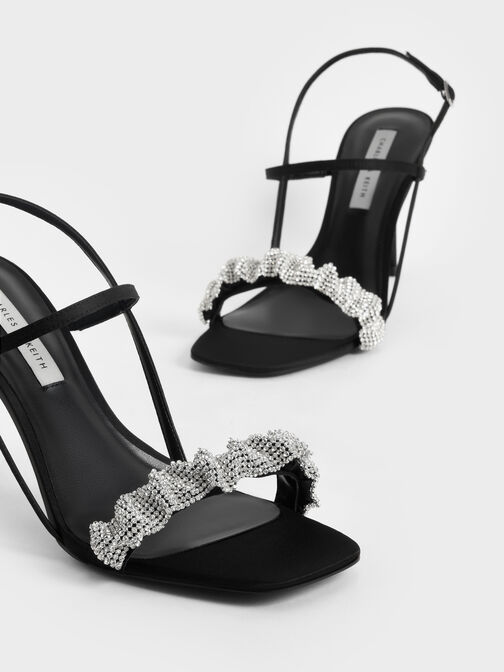 Sandalias de tacón de aguja de satén adornadas con gemas, Negro, hi-res