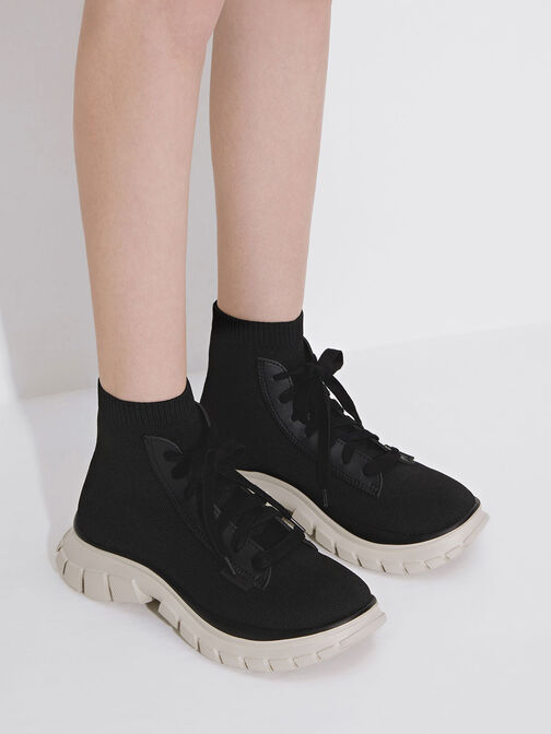 Knitted Sock High-Top Sneakers, Black, hi-res