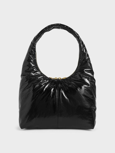 Wrinkled-Effect Large Hobo Bag, Black, hi-res