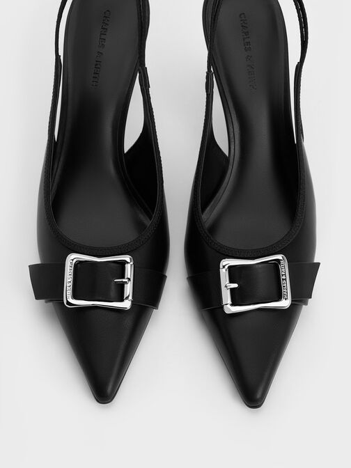 Zapatos de tacón destalonados con punta afilada y hebilla, Negro, hi-res