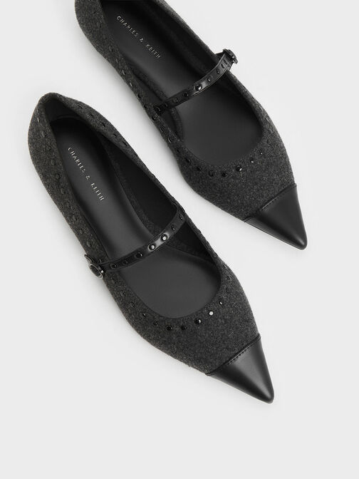 Zapatos planos Mary Jane con punta puntiaguda y tachuelas texturizadas, Gris, hi-res