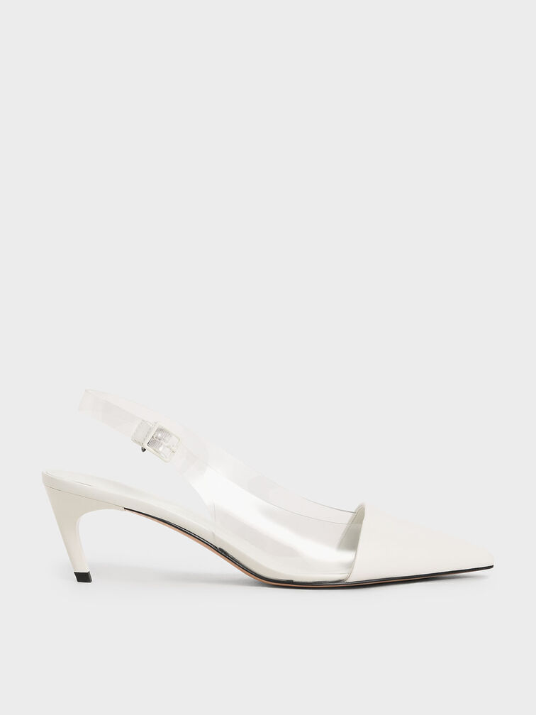 See-Through Effect Slingback Pumps, White, hi-res