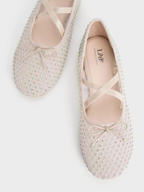 Girls' Mesh Crystal-Embellished Crossover-Strap Ballet Flats, Cream, hi-res