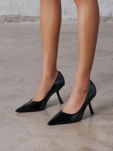 Zapatos de charol con punta puntiaguda y tacón inclinado, Charol negro, hi-res
