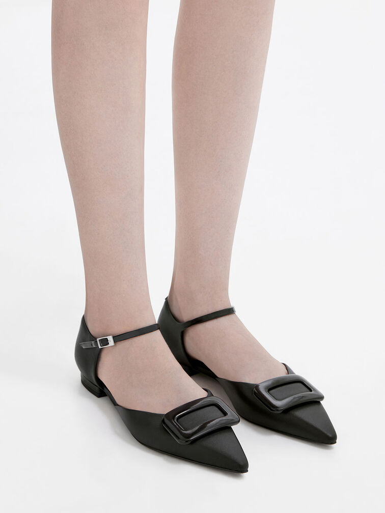 Zapatos planos Rosalie de cuero con corte D'Orsay, Negro, hi-res