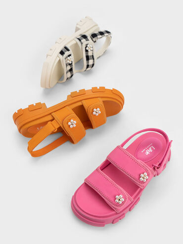 Sandales de sport vichy ornées de perles - Enfant, Orange, hi-res