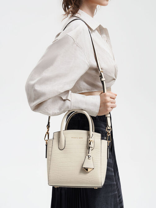Harper Croc-Effect Structured Top Handle Bag, Ivory, hi-res