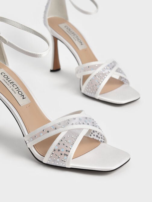 Blythe Mesh & Satin Embellished Sandals, White, hi-res