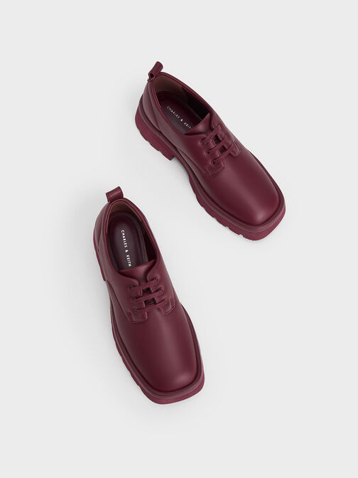 Ridged Sole Lace-Up Oxfords, Maroon, hi-res