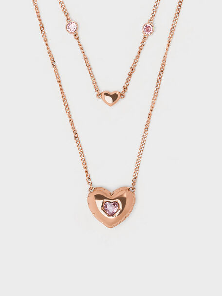 Collar Bethania de doble cadena con cristal de corazón, Oro rosa, hi-res