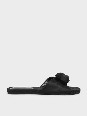 Satin Knot Espadrille Slide Sandals, Black, hi-res