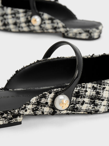 Tweed Pearl Embellished Flat Mules, Black Textured, hi-res